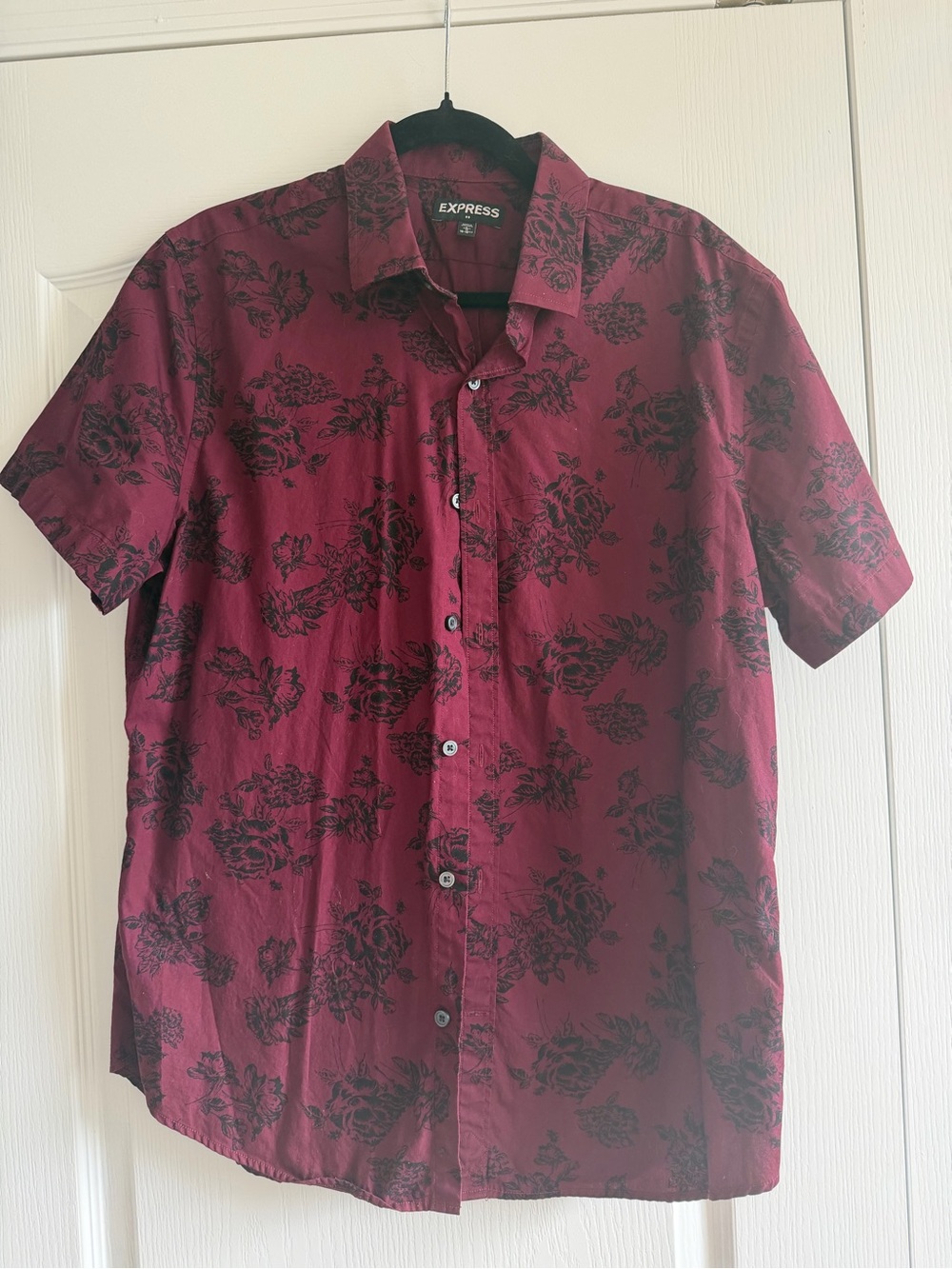 Express Men’s Burgundy Short-Sleeve Button-Down with Black Floral Print
